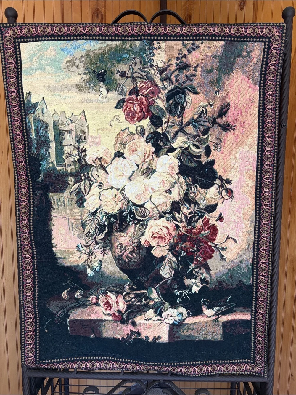 Vintage John Wainwright Bouquet & Sparrow Woven Floral Wall Tapestry 27x36